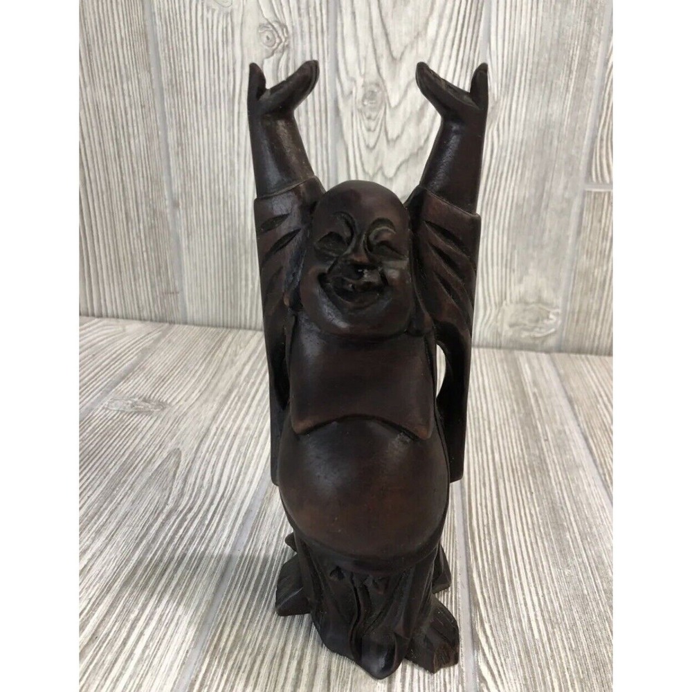 Vintage Hand Carved Wooden Laughing Buddha Hotei Statue Happy Figure Dark Wood